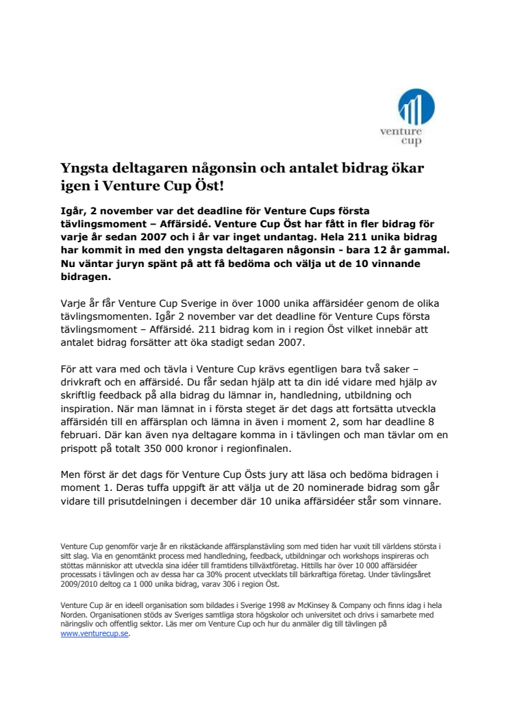 Yngsta deltagaren någonsin och antalet bidrag ökar igen i Venture Cup Öst!