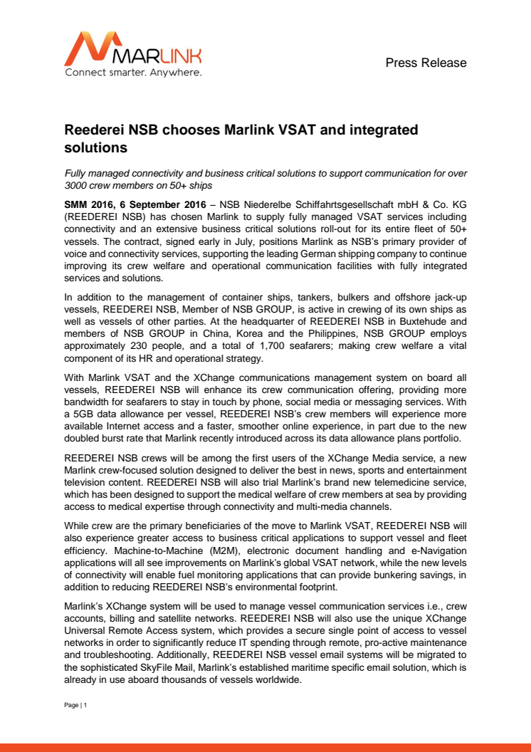 Marlink: ​Reederei NSB chooses Marlink VSAT and integrated solutions