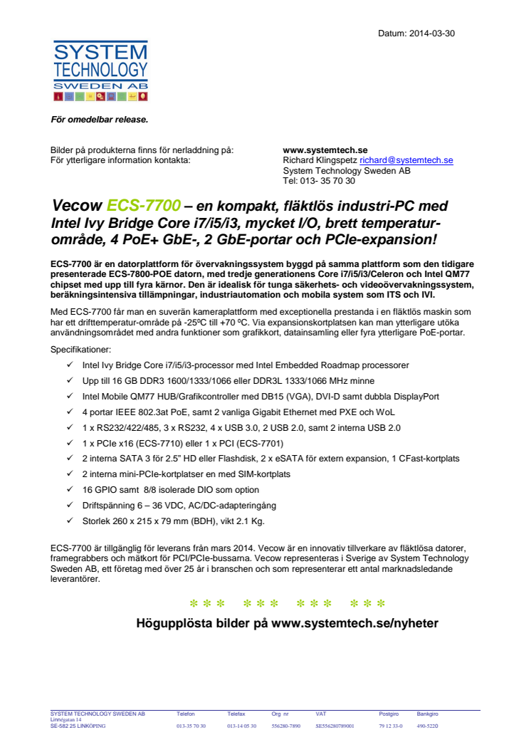 Vecow ECS-7700 – en kompakt, fläktlös industri-PC 