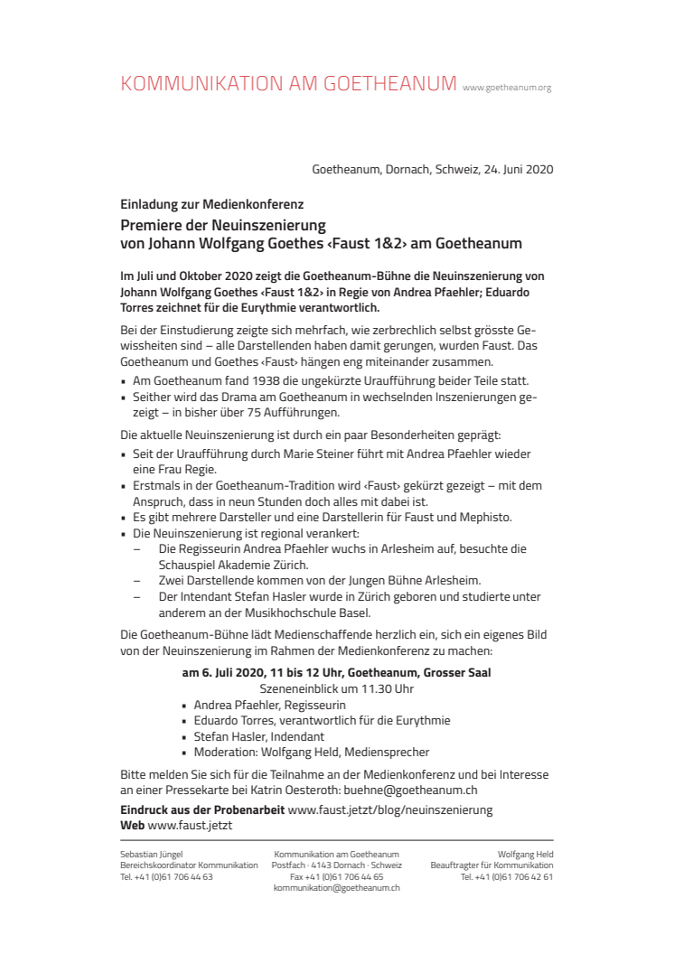Medienkonferenz: Premiere der Neuinszenierung von Johann Wolfgang Goethes ‹Faust 1&2› am Goetheanum