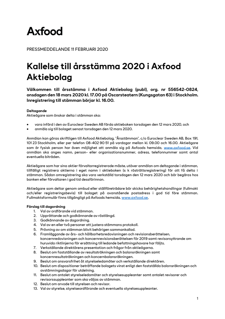 Kallelse till årsstämma 2020 i Axfood Aktiebolag