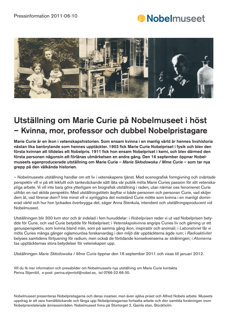 Utställning om Marie Curie på Nobelmuseet i höst