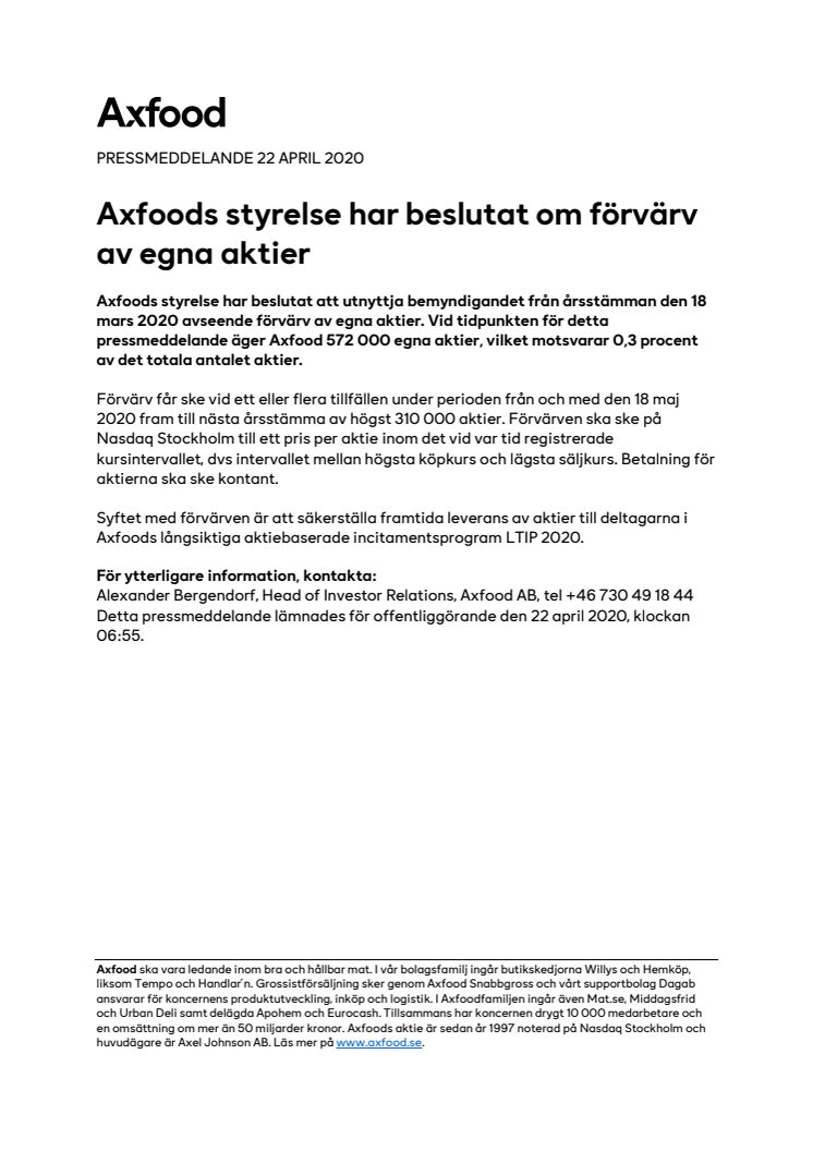 Axfoods styrelse har beslutat om förvärv av egna aktier