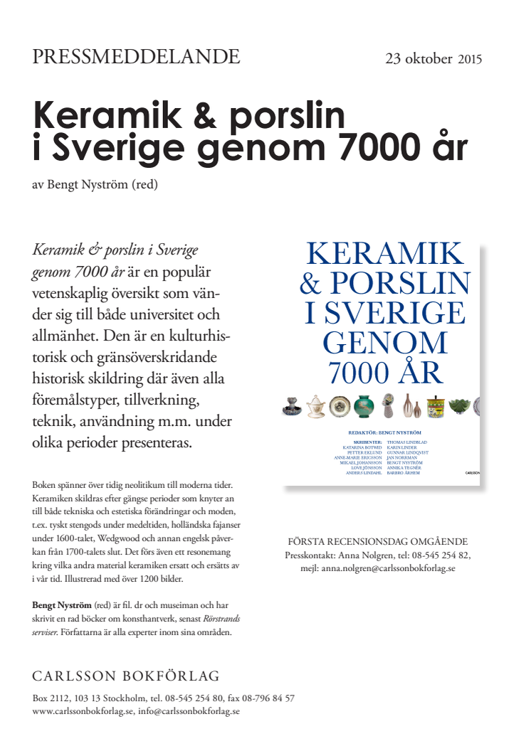  Ny bok: Keramik och porslin i Sverige genom 7000 år