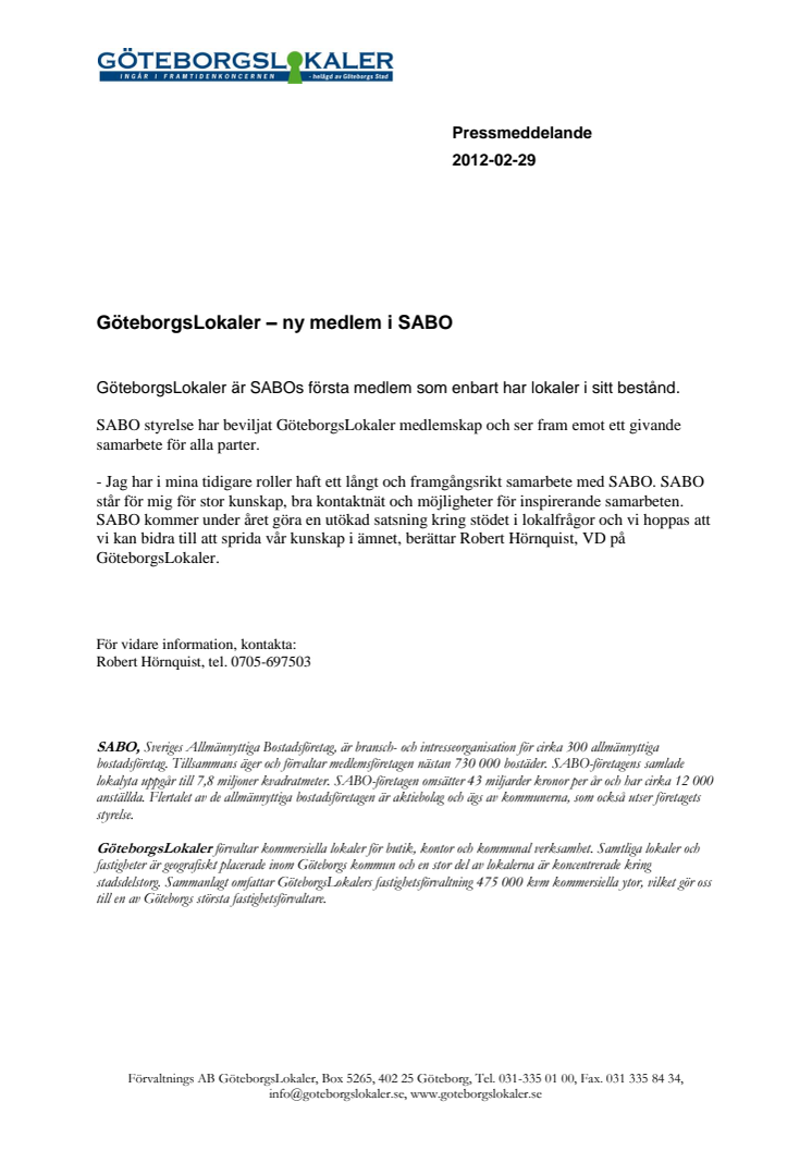 GöteborgsLokaler – ny medlem i SABO