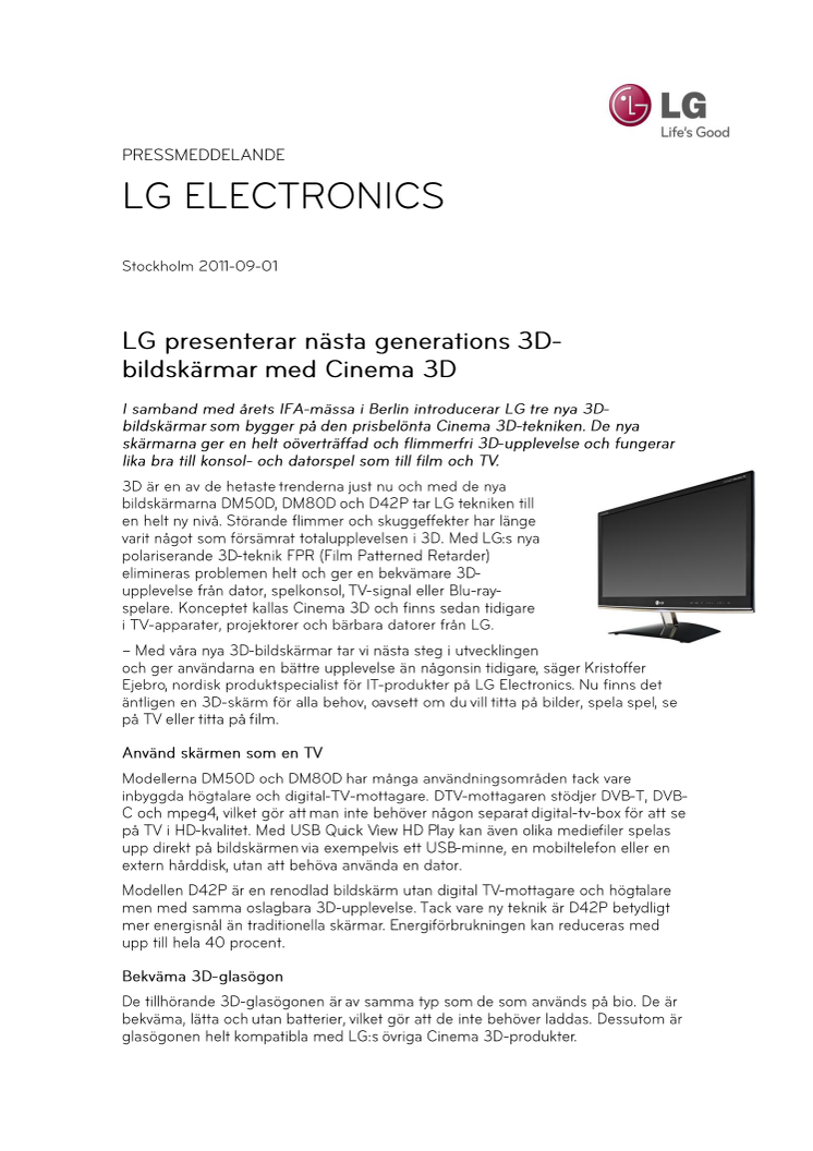 LG presenterar nästa generations 3D-bildskärmar med Cinema 3D