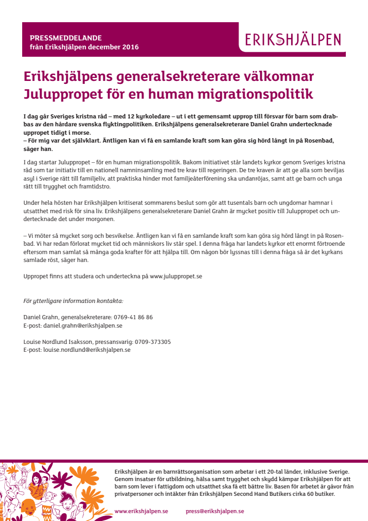 Erikshjälpens generalsekreterare välkomnar Juluppropet för en human migrationspolitik
