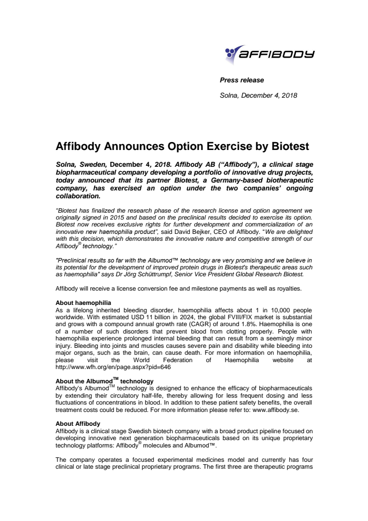 Affibody Announces Option Exercise by Biotest