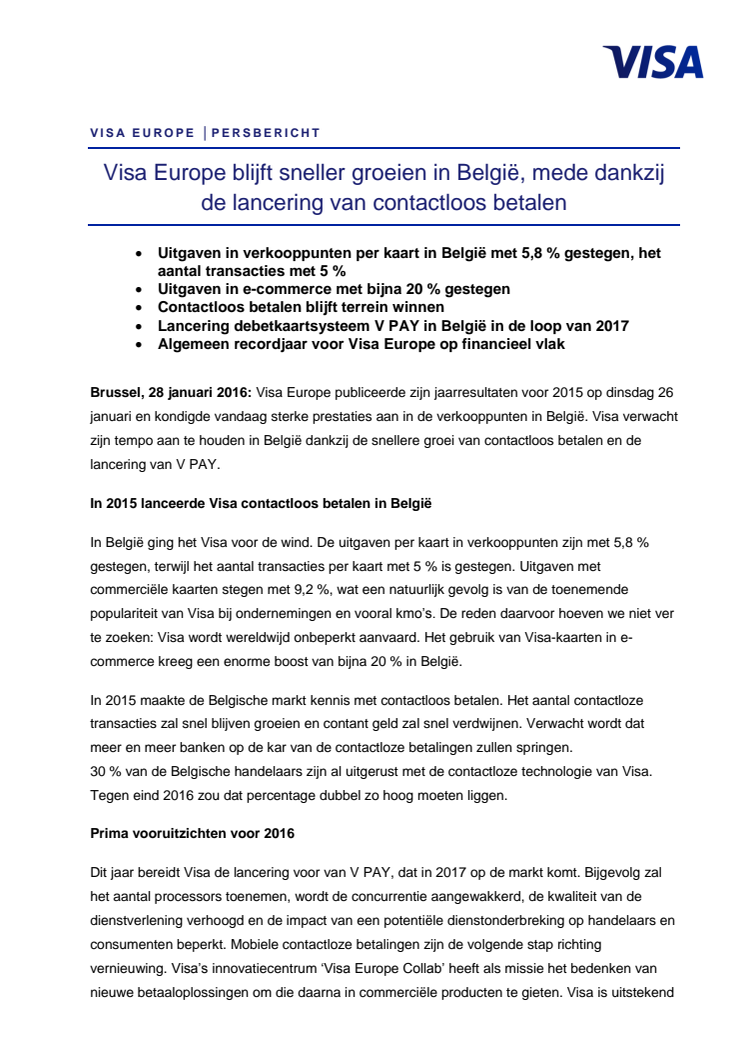 Visa Europe blijft sneller groeien in België, mede dankzij de lancering van contactloos betalen