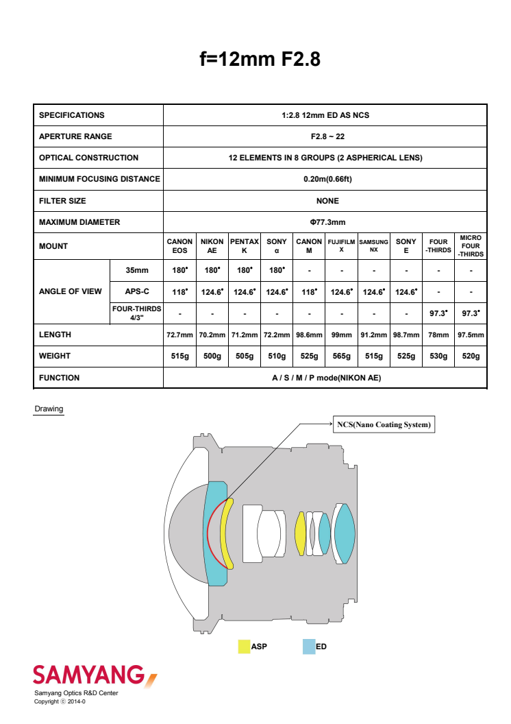Samyang 12mm F/2,8 ED AS NCS Fish-eye, spesifikasjoner