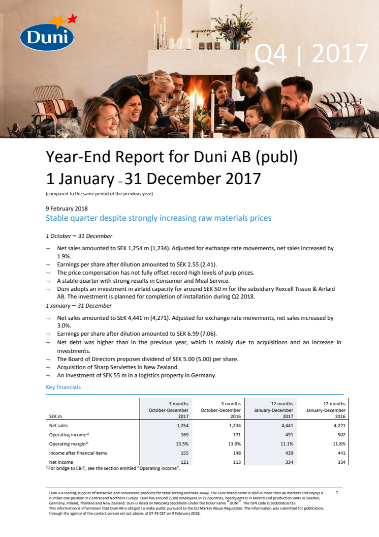 Year-End Report for Duni AB (publ) 1 January – 31 December 2017