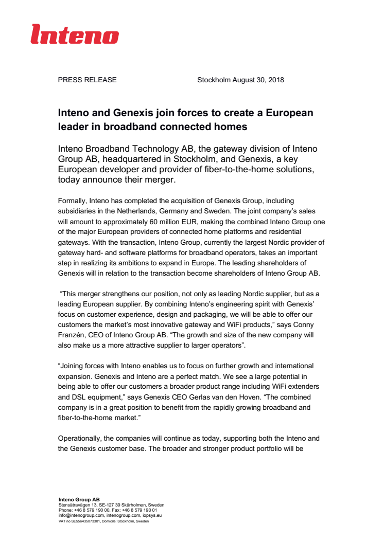 Inteno and Genexis join forces to create a European leader in broadband connected homes