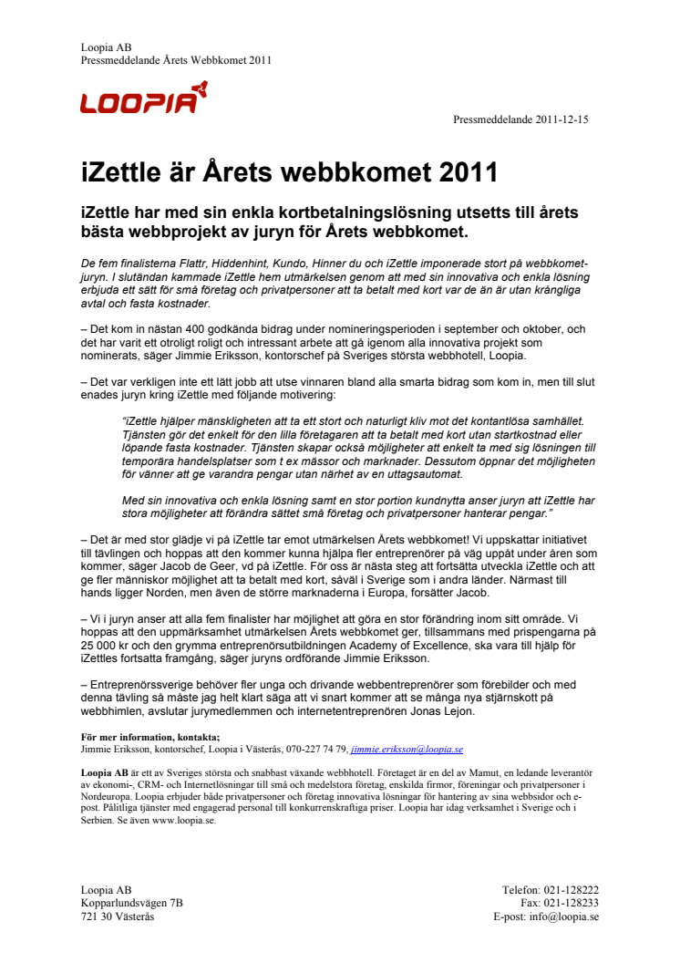 iZettle är Årets webbkomet 2011