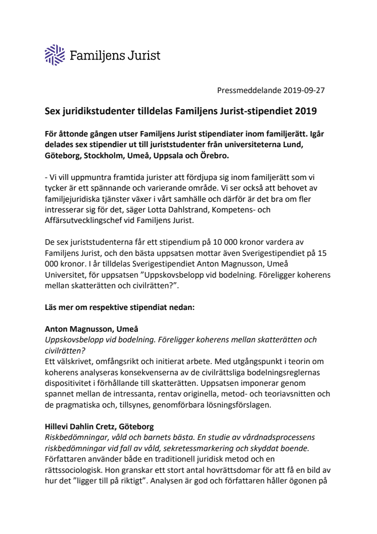 Sex juridikstudenter tilldelas Familjens Jurist-stipendiet 2019