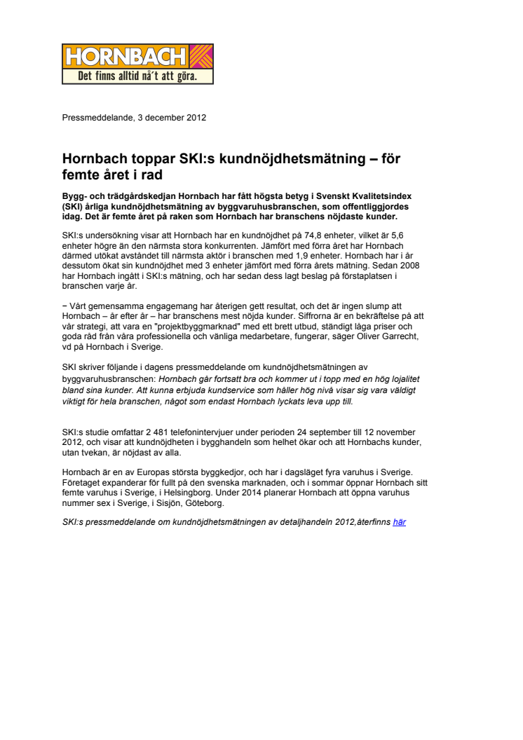 Hornbach toppar SKI:s kundnöjdhetsmätning – för femte året i rad