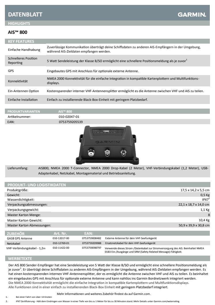 Datenblatt Garmin AIS800