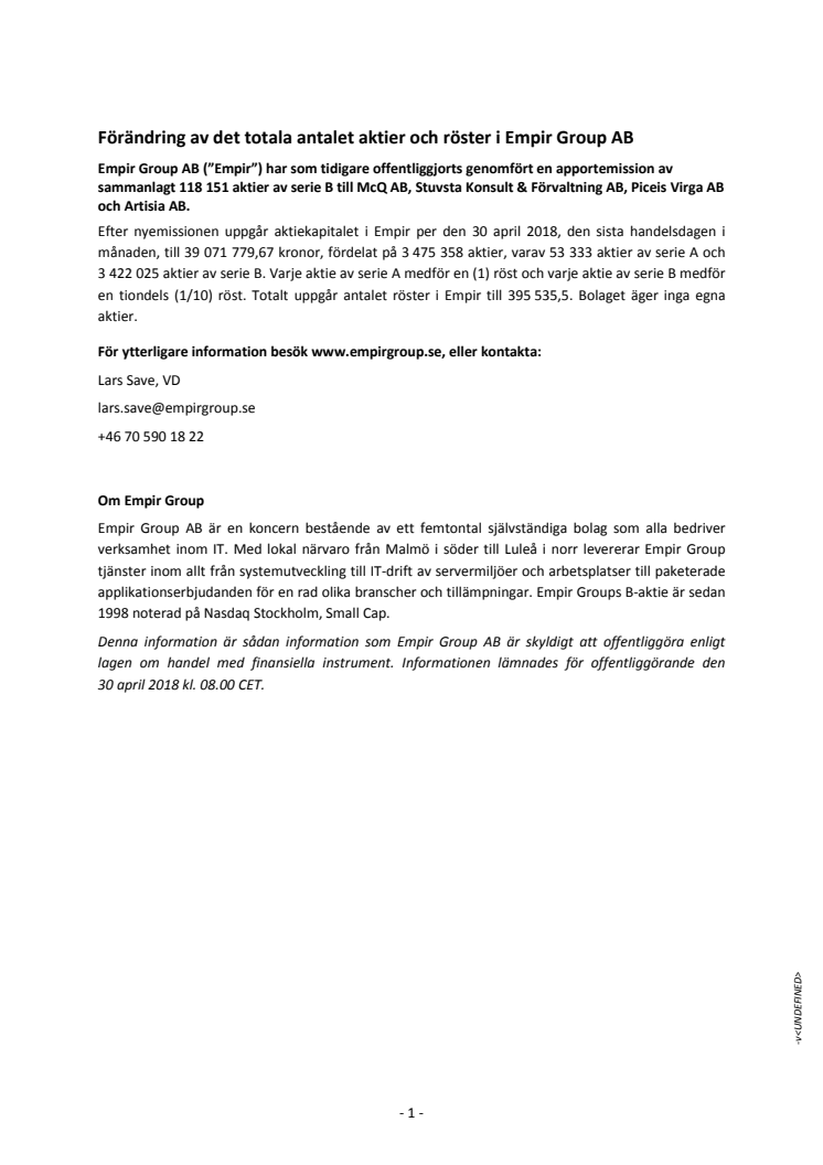 Förändring av det totala antalet aktier och röster i Empir Group AB