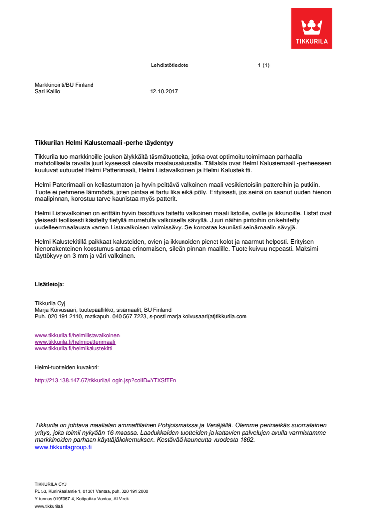 Tikkurilan Helmi Kalustemaali -perhe täydentyy