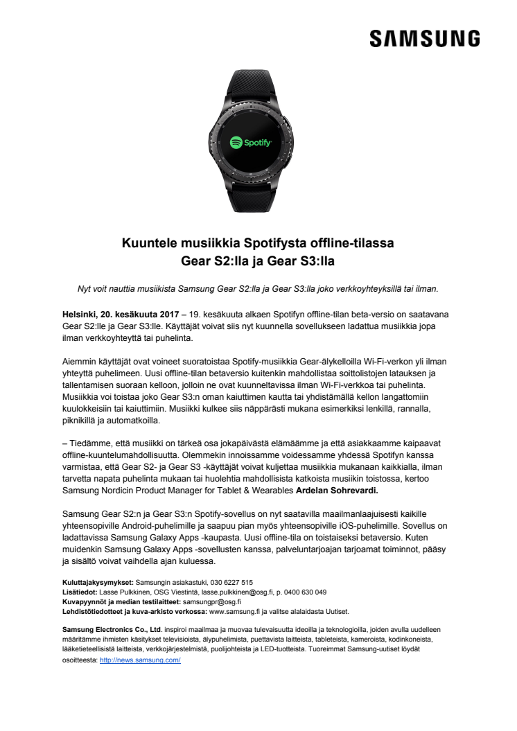 Kuuntele musiikkia Spotifysta offline-tilassa Gear S2:lla ja Gear S3:lla