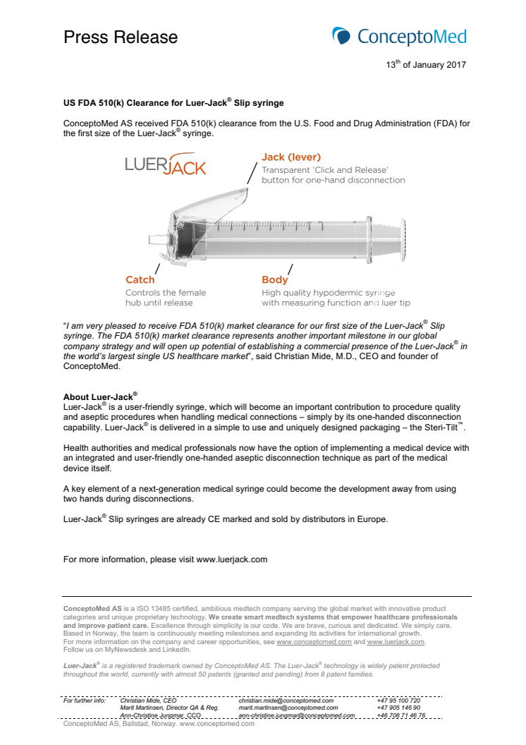 US FDA 510(k) Clearance for Luer-Jack® Slip syringe