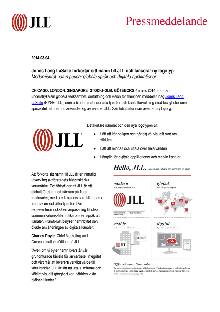 Jones Lang LaSalle förkortar sitt namn till JLL och lanserar ny logotyp 