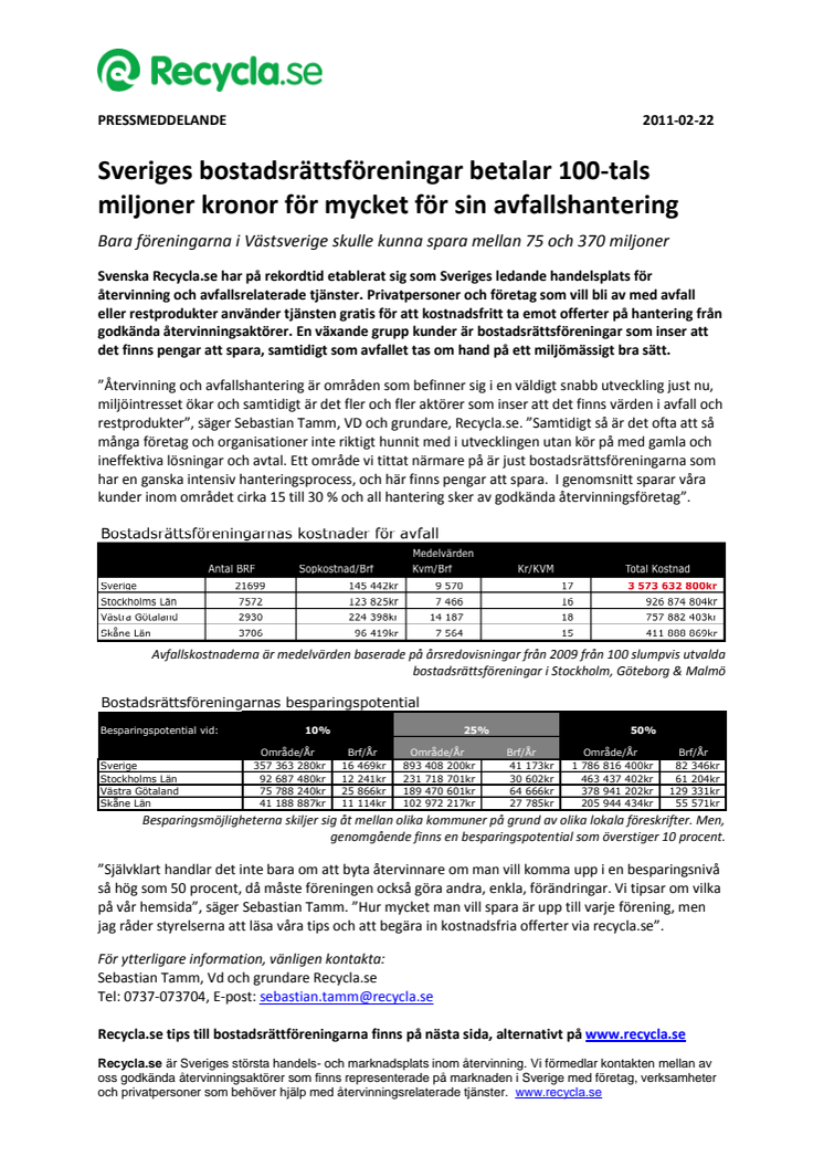 Sveriges bostadsrättsföreningar betalar 100-tals miljoner kronor för mycket för sin avfallshantering - bara föreningarna i Västsverige skulle kunna spara mellan 75 och 370 miljoner 