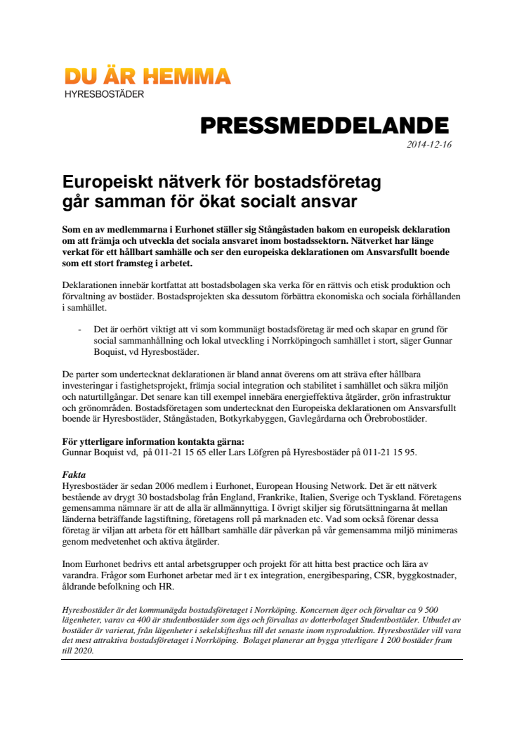 Europeiskt nätverk för bostadsföretag går samman för ökat socialt ansvar.