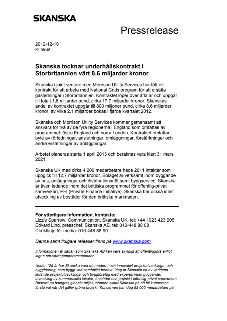 Skanska tecknar underhållskontrakt i Storbritannien värt 8,6 miljarder kronor