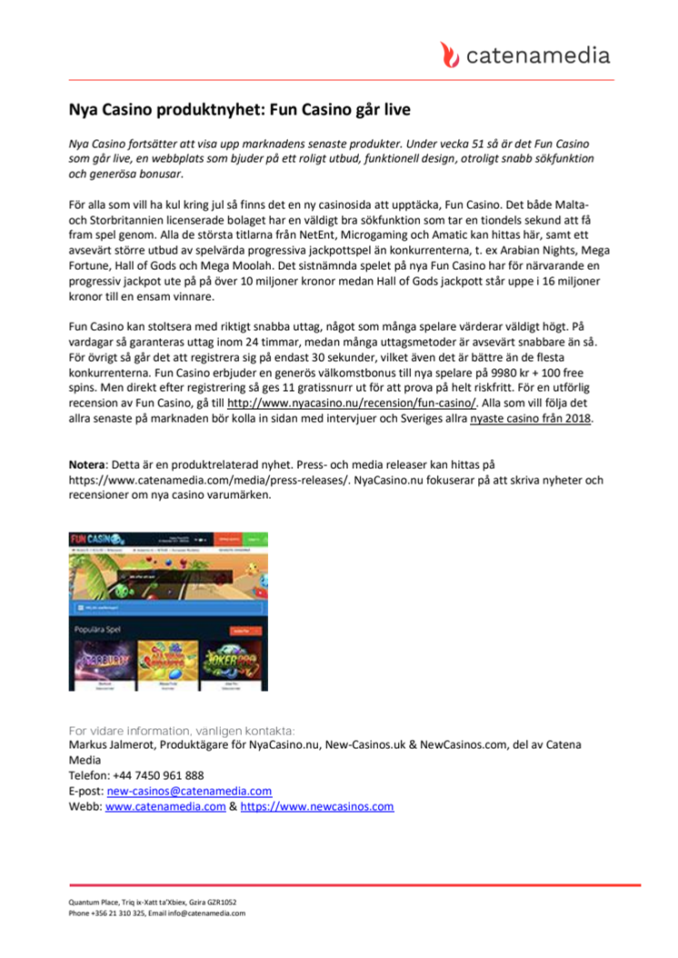 Nya Casino produktnyhet: Fun Casino går live