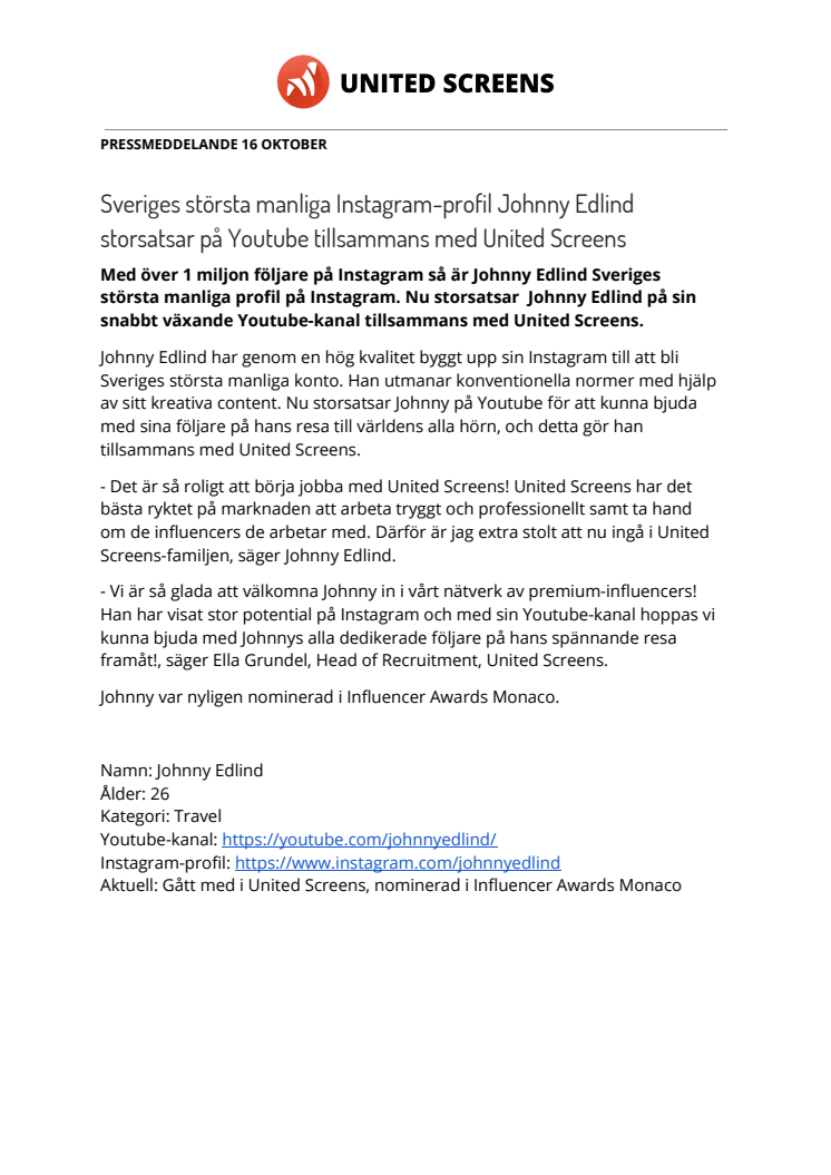 Sveriges största manliga Instagram-profil Johnny Edlind storsatsar på Youtube tillsammans med United Screens