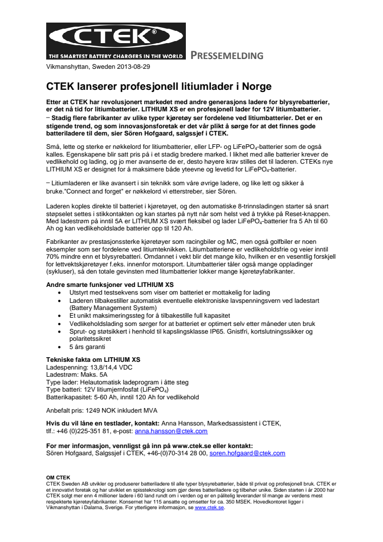 CTEK lanserer profesjonell litiumlader i Norge