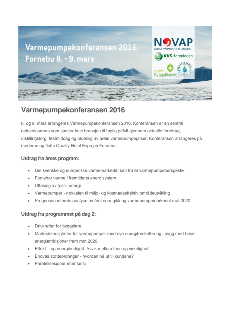 Varmepumpekonferansen 2016:  8.-9. mars