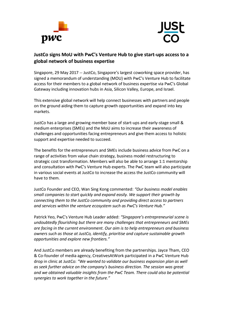 JustCo signs MoU with PwC's Venture Hub to give start-ups access to a global network of business expertise