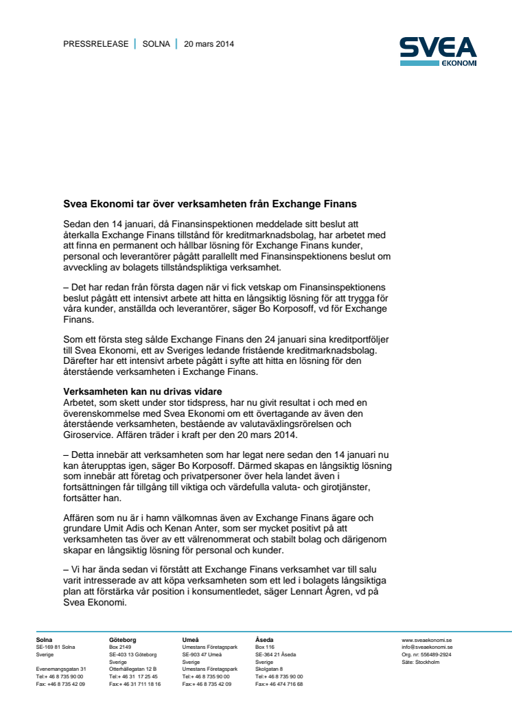 Svea Ekonomi tar över verksamheten från Exchange Finans