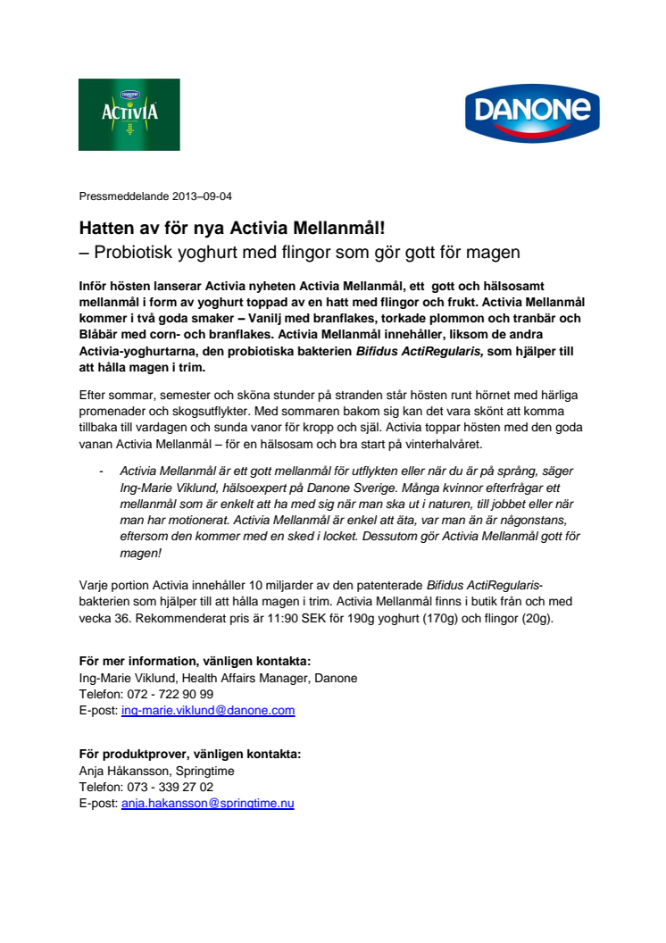 Hatten av för nya Activia Mellanmål!       Probiotisk yoghurt med flingor som gör gott för magen