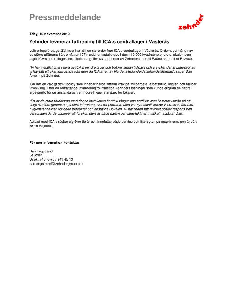 Zehnder levererar luftrening till ICA:s centrallager i Västerås