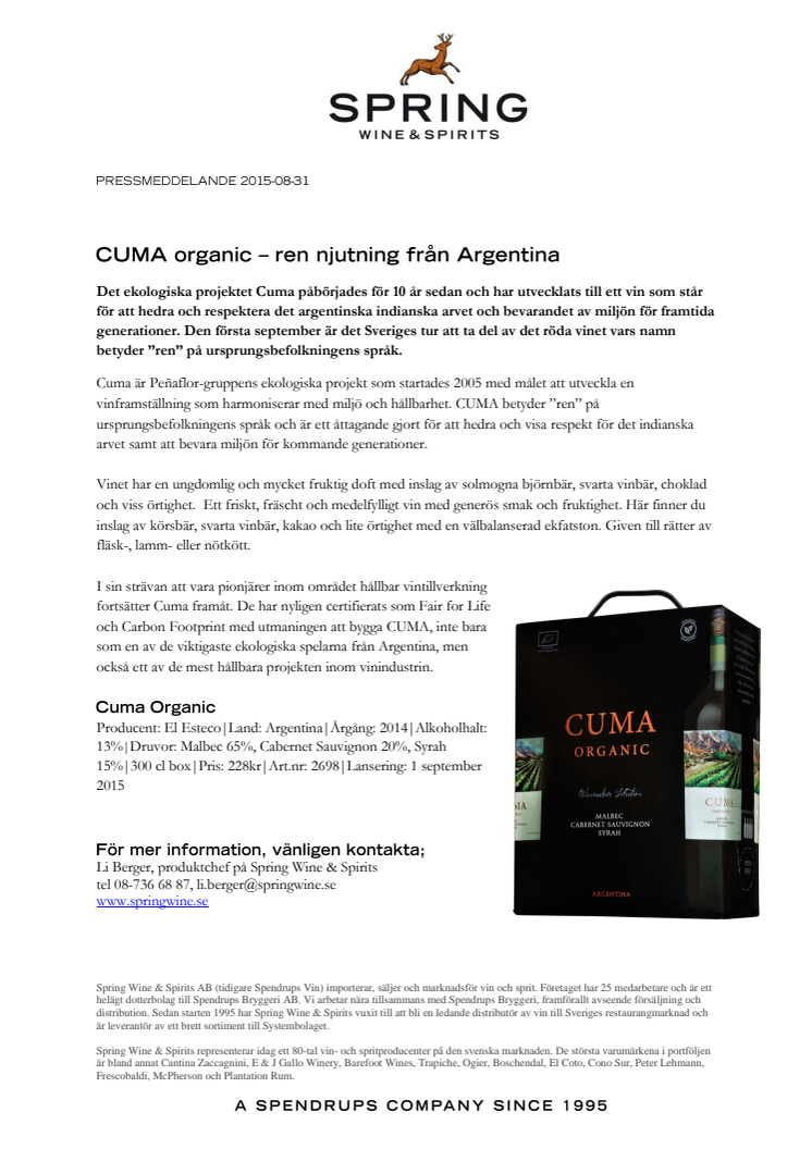 CUMA organic – ren njutning från Argentina