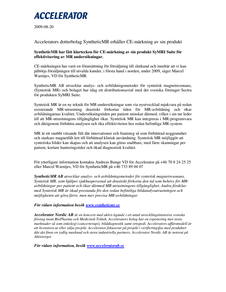 Accelerators dotterbolag SyntheticMR erhåller CE-märkning av sin produkt 