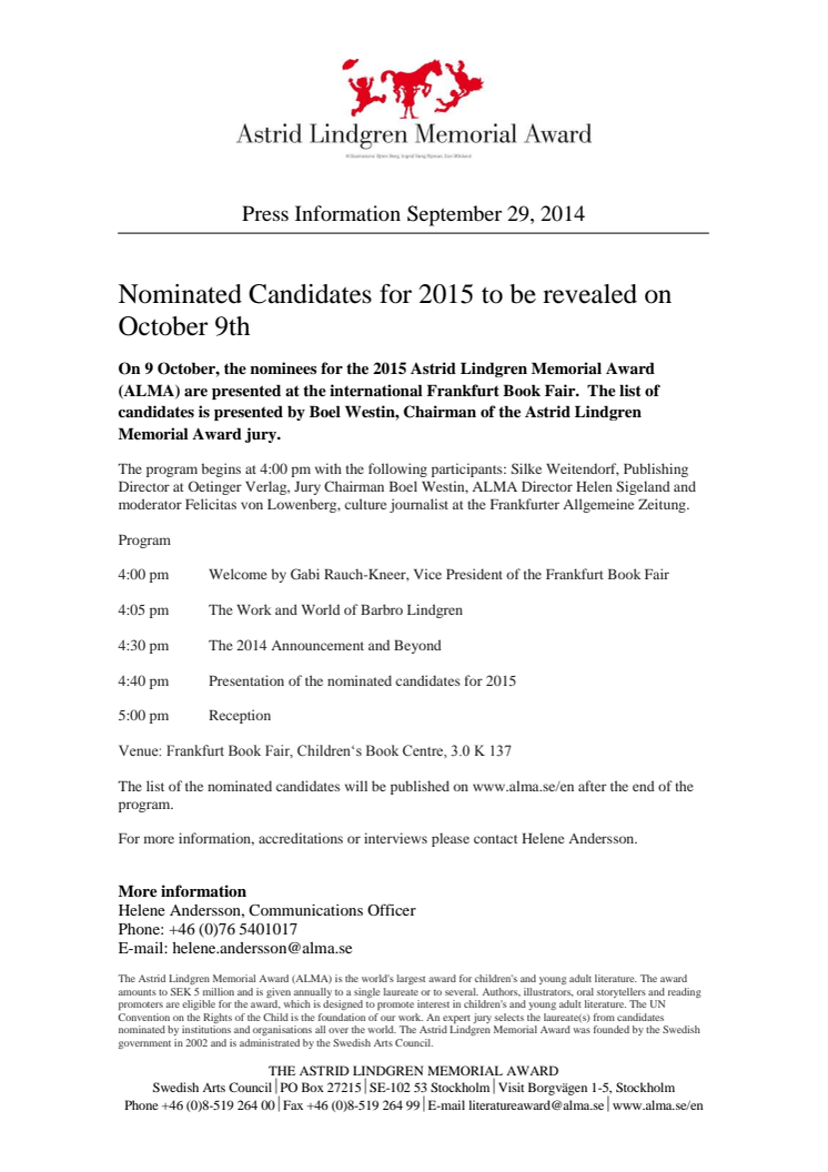 Nominated Candidates for 2015 to be revealed on October 9th 