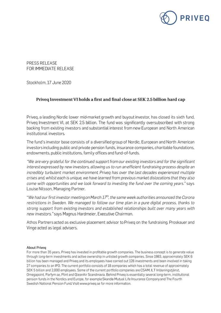 Priveq Investment VI holds a first and final close at SEK 2.5 billion hard cap