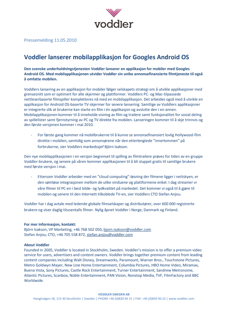 Voddler lanserer mobilapplikasjon for Googles Android OS