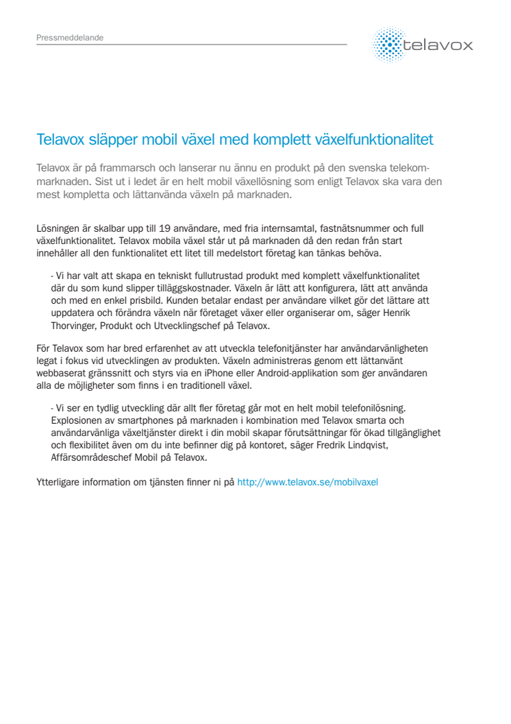 Telavox släpper mobil växel med komplett växelfunktionalitet