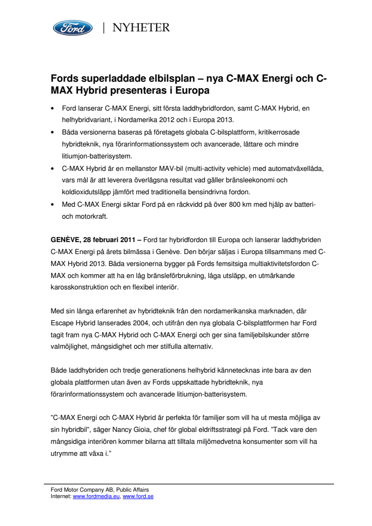 Fords superladdade elbilsplan – nya C-MAX Energi och C-MAX Hybrid presenteras i Europa