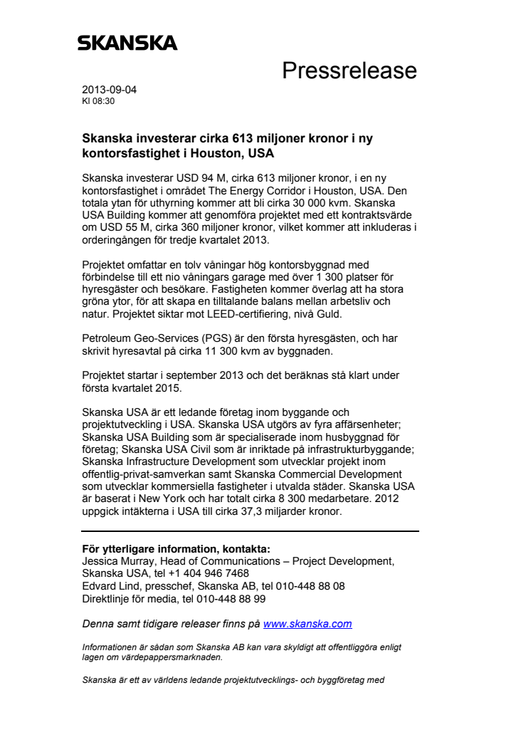 Skanska investerar cirka 613 miljoner kronor i ny kontorsfastighet i Houston, USA 