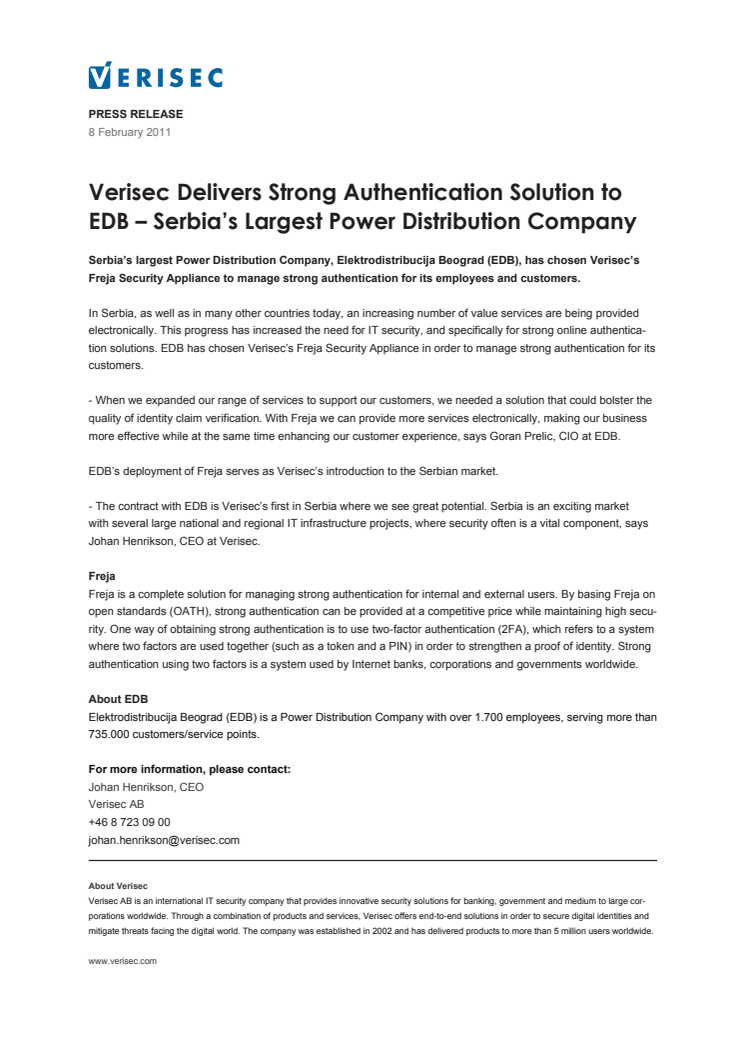 Verisec Delivers Strong Authentication Solution to EDB – Serbia’s Largest Power Distribution Company