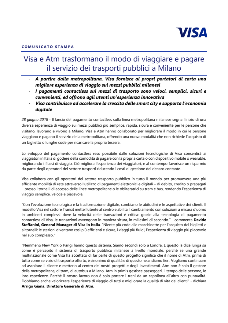 Visa e Atm trasformano il modo di viaggiare e pagare il servizio dei trasporti pubblici a Milano