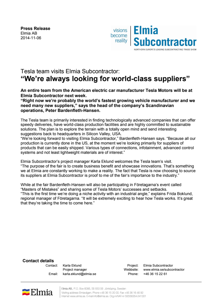 Tesla team visits Elmia Subcontractor: “We’re always looking for world-class suppliers”