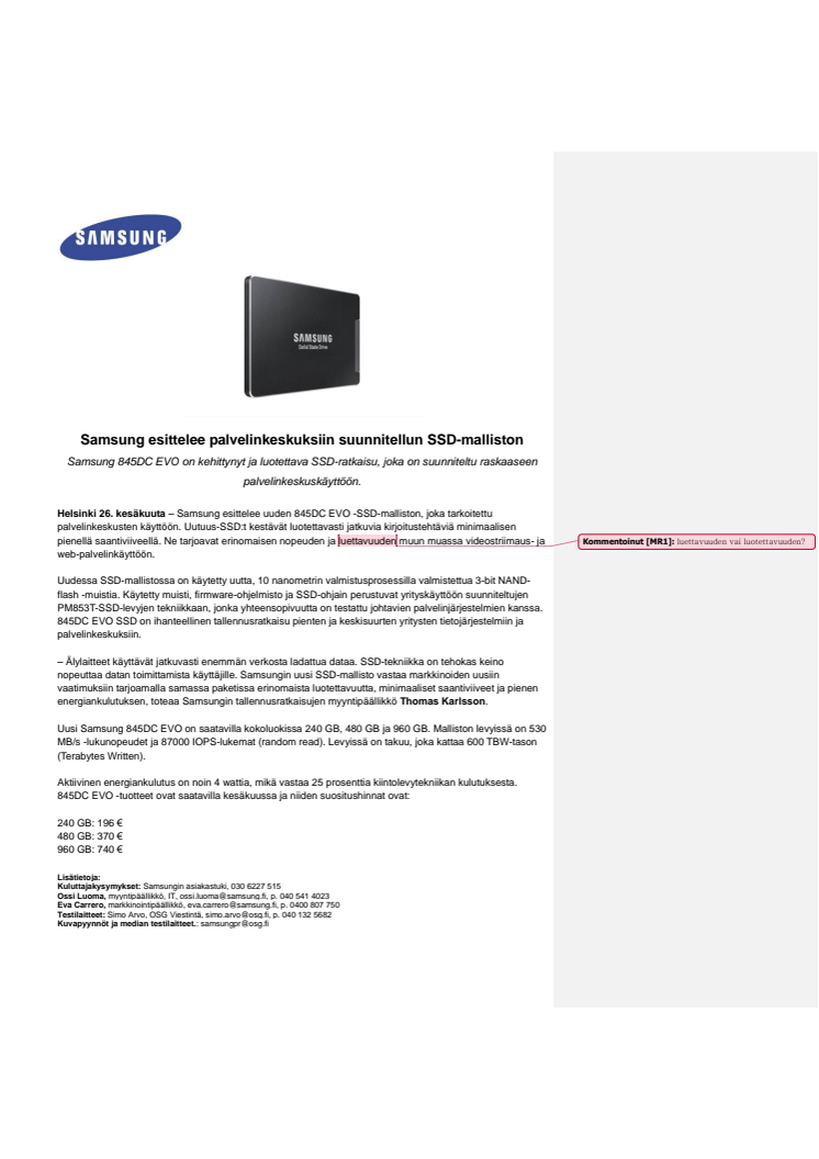 Samsung esittelee palvelinkeskuksiin suunnitellun SSD-malliston