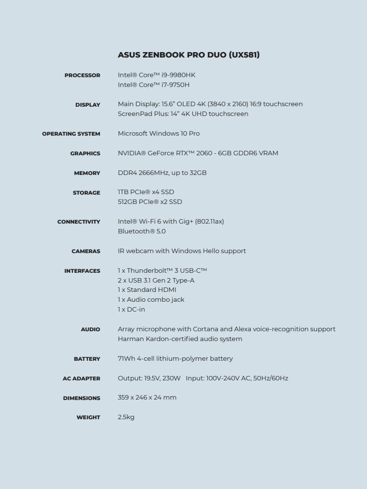 ZenBook Pro Duo specifications