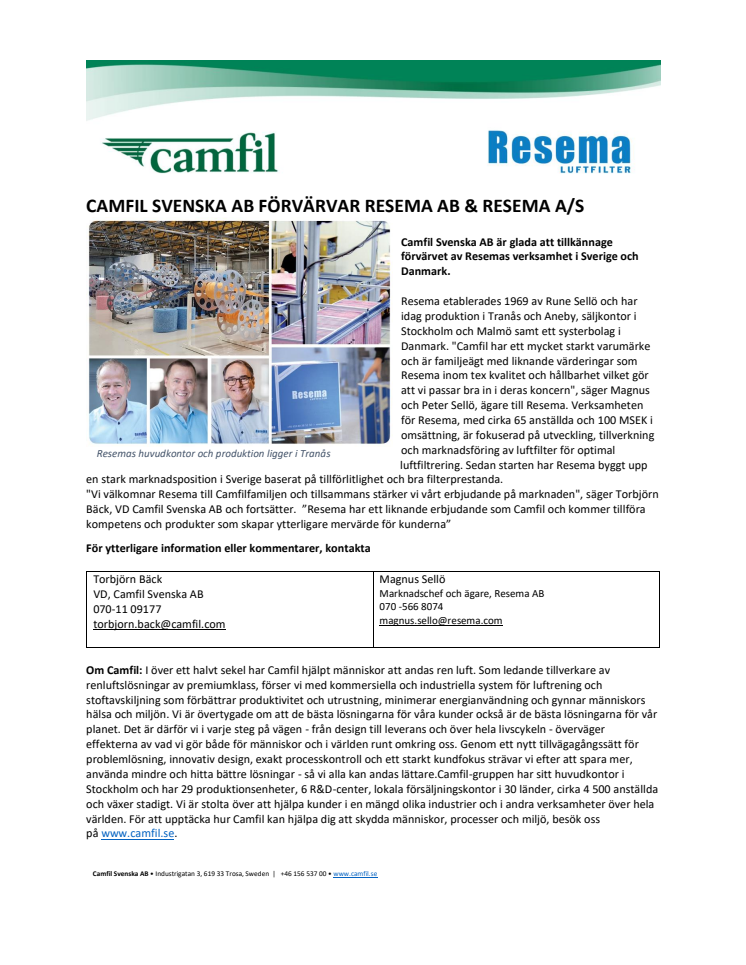 CAMFIL SVENSKA AB FÖRVÄRVAR RESEMA AB & RESEMA A/S